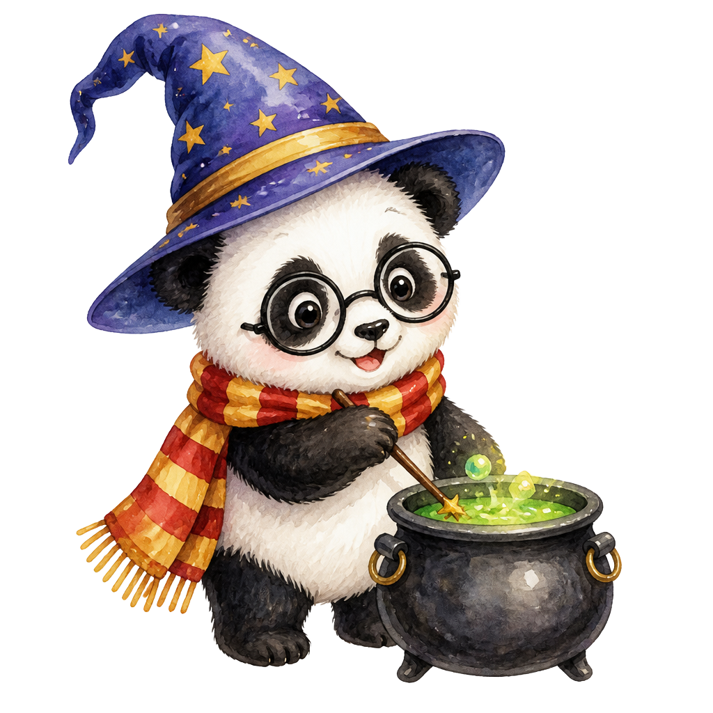Watercolor baby panda wizard stirring a bubbling cauldron with a wand