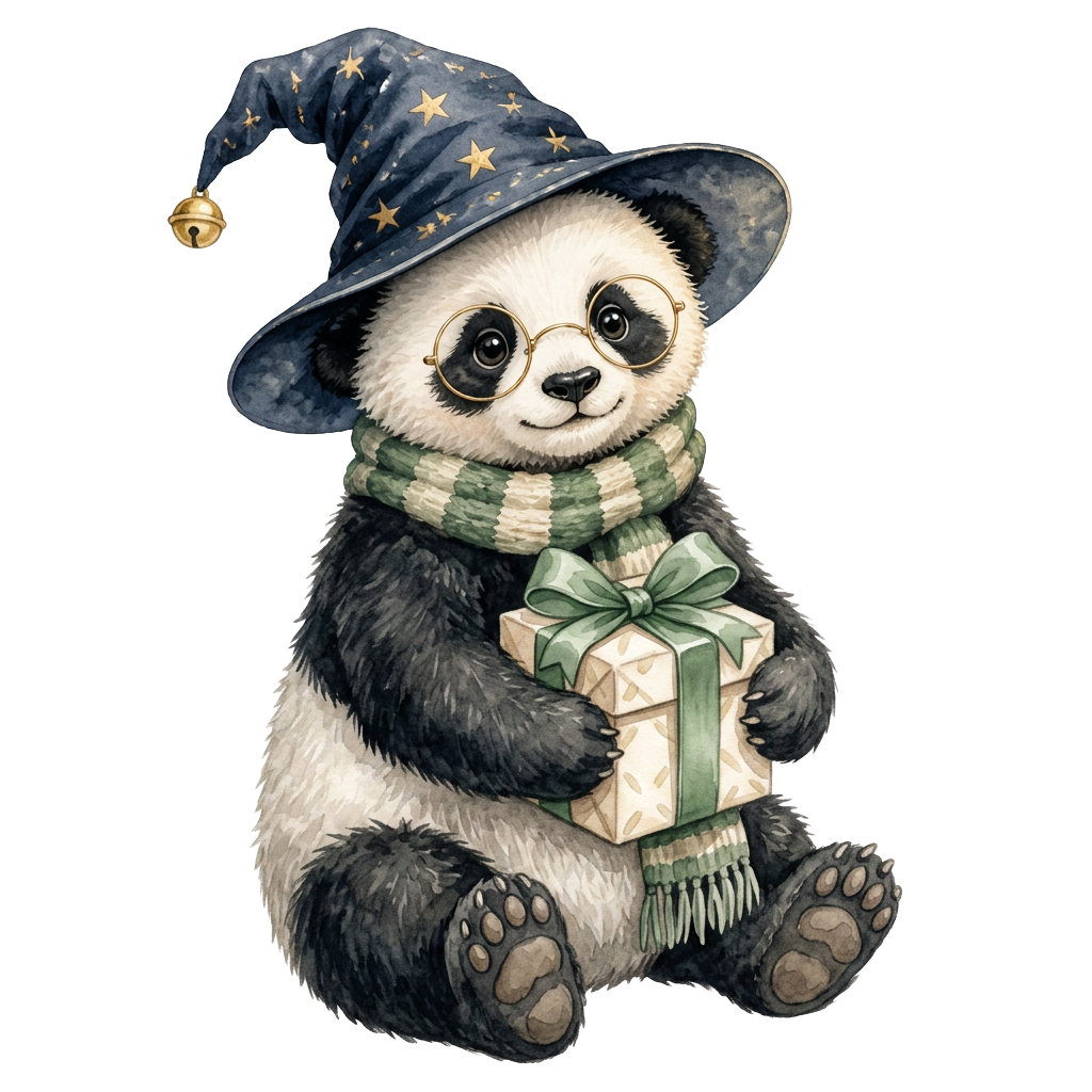 Watercolor baby panda wizard hugging a wrapped gift box