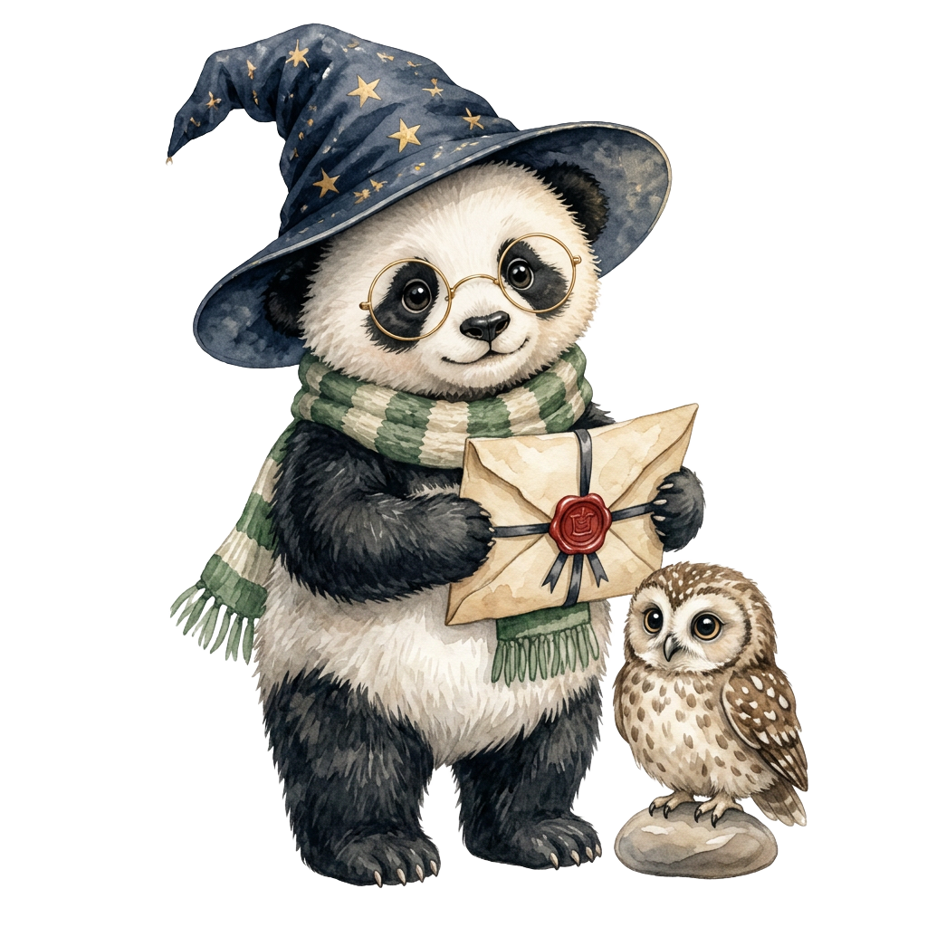 Watercolor baby panda wizard holding a sealed invitation beside a small owl