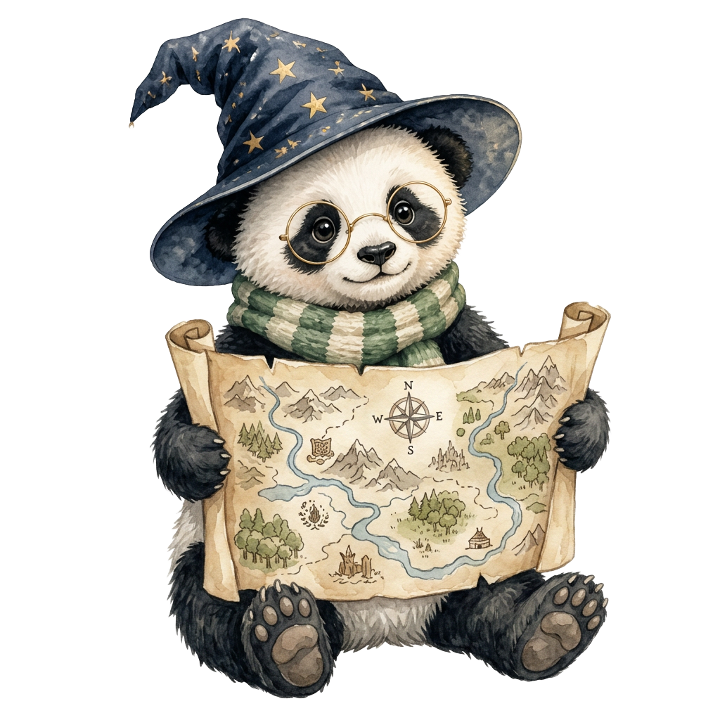 Watercolor baby panda wizard in a starry hat reading a parchment map