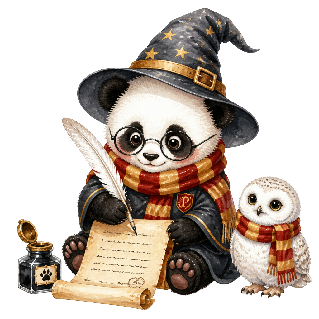 Watercolor baby panda wizard writing an owl-post scroll with a feather quill beside a snowy owl