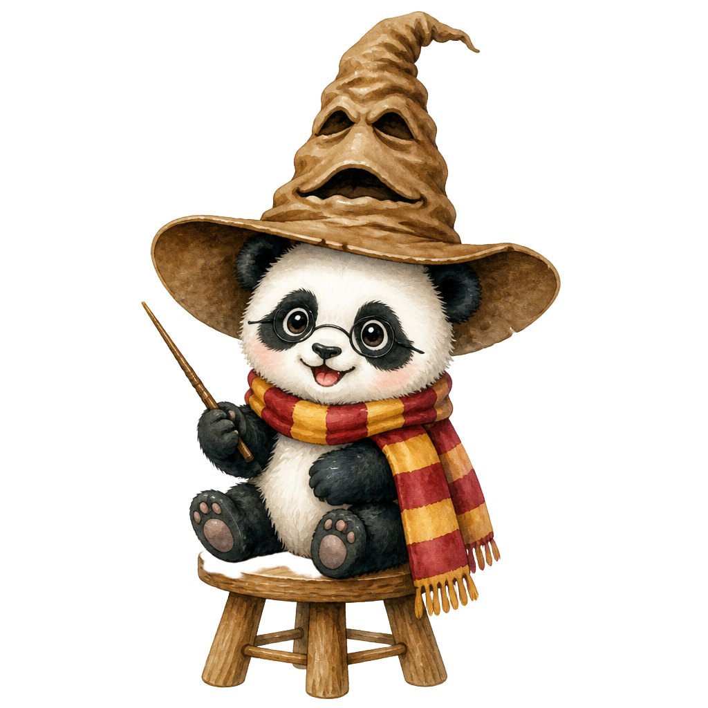 Watercolor baby panda wizard wearing the Sorting Hat on a wooden stool