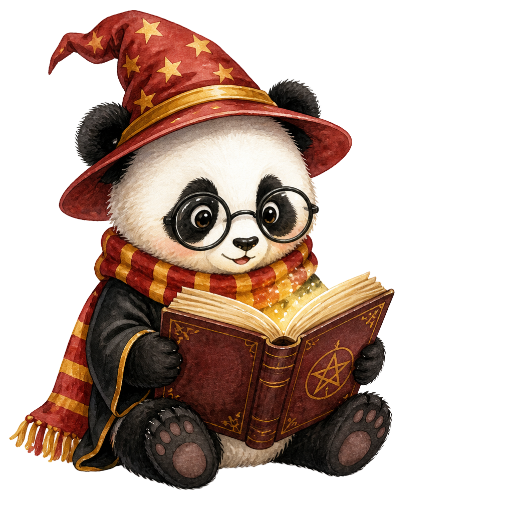 Watercolor baby panda wizard reading a glowing spellbook